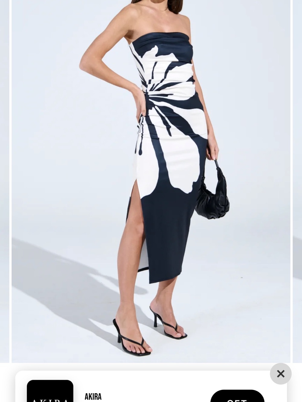 AKIRA Strapless Black and White Floral Ruched Midi Dress